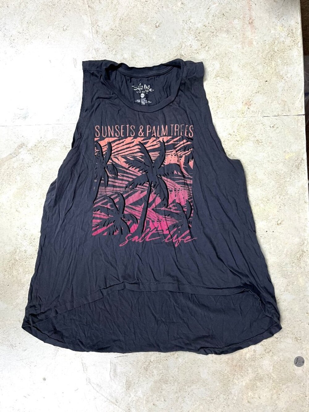 LADIES SIZE L SALT LIFE GRAY SUNSETS & PALMTREES HI LOW TANK TOP SHIRT